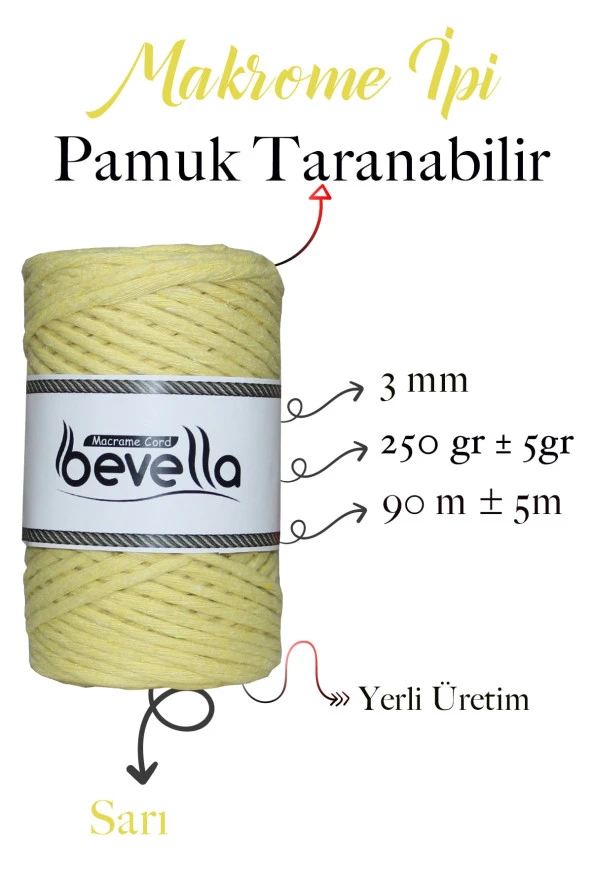 Taranan Makrome Ipi 3mm Taranabilir Pamuk Tek Büküm Makrome Ipi Sarı - Resim 2