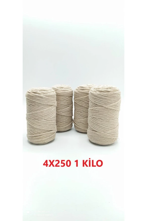 Bej 1 Kg Makrome Tarama Ipi Pamuk 3.0 / 3.5 Mm 4x250 gr ürün görseli 1