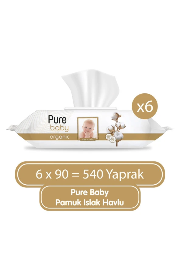 Pure Baby Organik Pamuklu 90 Yaprak 6'lı Paket Islak Havlu