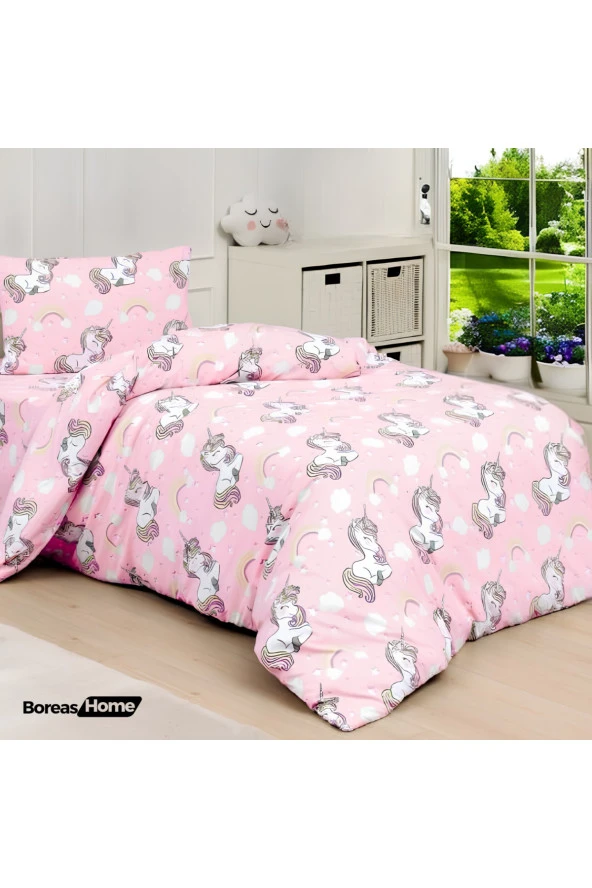 Boreas Home Unicorn Pink Pamuklu Ranforce Tek Kişilik Nevresim takımı