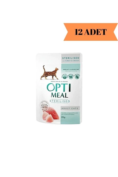 Optimeal Super Premium Sterilised Tavuk Etli ve Hindi Filetolu Kısırlaştırılmış Kedi Yaş Maması 85 Gr X 12