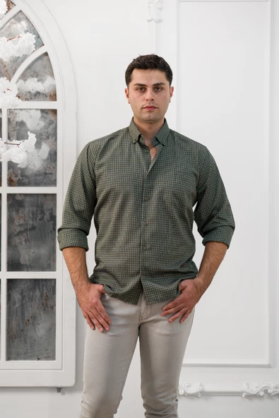 Advante Küçük Kareli Geniş Kesim Cepli Mevsimlik Kumaş Erkek Gömlek - Resim 6