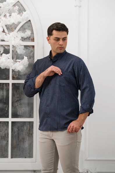 Advante Küçük Kareli Geniş Kesim Cepli Mevsimlik Kumaş Erkek Gömlek - Resim 3