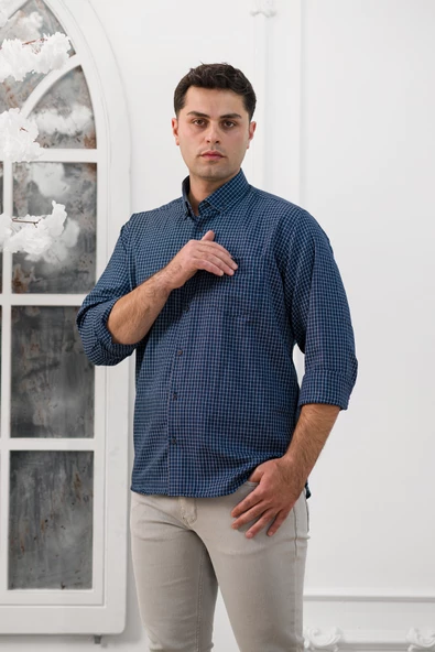 Advante Küçük Kareli Geniş Kesim Cepli Mevsimlik Kumaş Erkek Gömlek - Resim 11