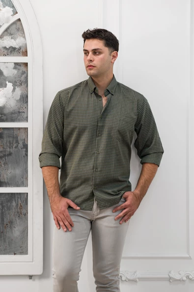 Advante Küçük Kareli Geniş Kesim Cepli Mevsimlik Kumaş Erkek Gömlek - Resim 7