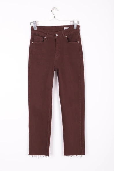 Paçaları Dikişsiz ve Yüksek Belli Cepli Astarsız Kadın Kot Pantolon Mom Fit Jean Kahverengi  Denim - 7