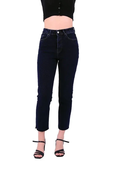 Paçaları Dikişsiz ve Yüksek Belli Cepli Astarsız Kadın Kot Pantolon Mom Fit Jean Lacivert Denim - 2