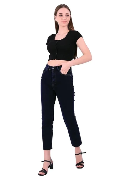 Paçaları Dikişsiz ve Yüksek Belli Cepli Astarsız Kadın Kot Pantolon Mom Fit Jean Lacivert Denim