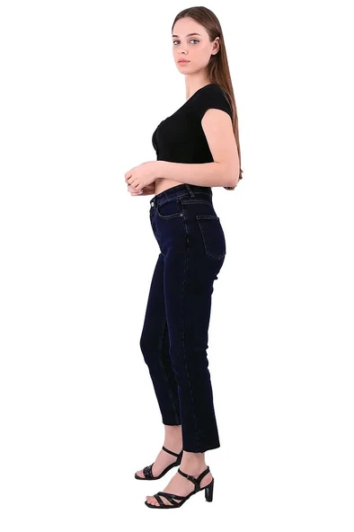 Paçaları Dikişsiz ve Yüksek Belli Cepli Astarsız Kadın Kot Pantolon Mom Fit Jean Lacivert Denim - 5