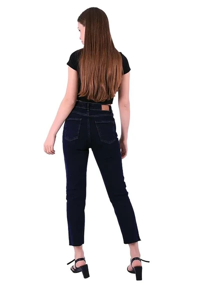 Paçaları Dikişsiz ve Yüksek Belli Cepli Astarsız Kadın Kot Pantolon Mom Fit Jean Lacivert Denim - 6