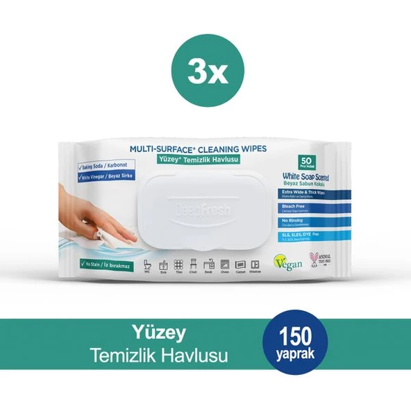 Deep Fresh İz Bırakmaz Yüzey Temizlik Havlusu Karbonat & Beyaz Sirke 50 Yaprak 3 Adet