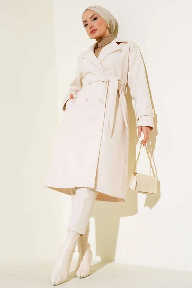 Kruvaze Yaka İki Düğmeli Kaşe Kaban Bej - 2