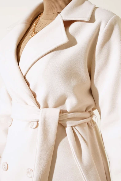 Kruvaze Yaka İki Düğmeli Kaşe Kaban Bej - 4