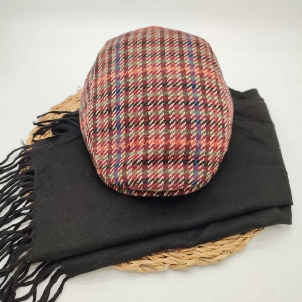 Bordo Renk Çizgili Model Kasket ve Atkı İkili Takım - 9