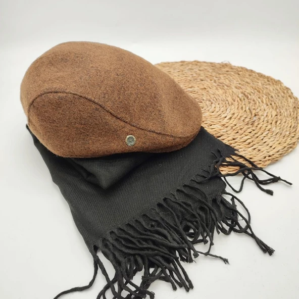 Taba Renk Klasik Kasket Ve Atkı İkili Takım - Resim 7