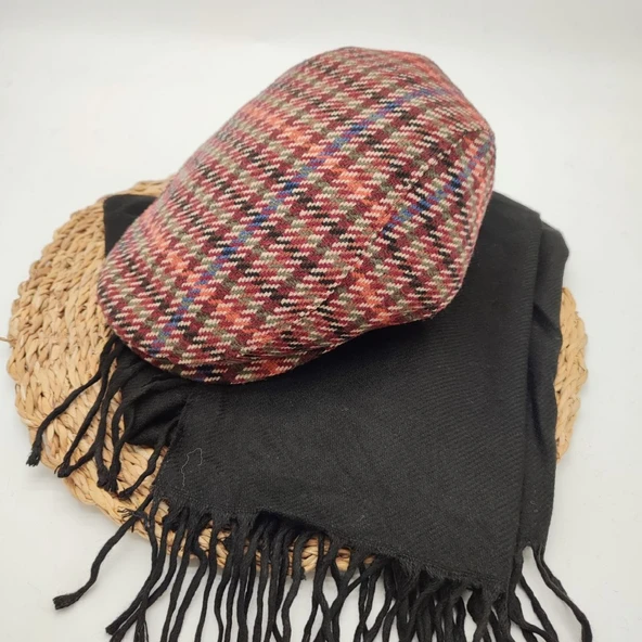 Bordo Renk Çizgili Model Kasket ve Atkı İkili Takım - 8