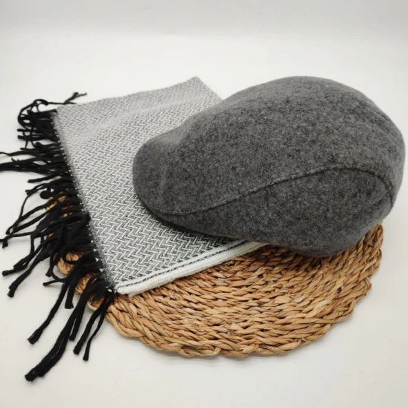 Gri Renk Klasik Kasket Ve Atkı İkili Takım - Resim 2