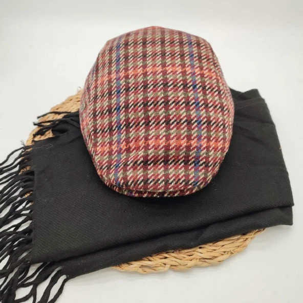 Bordo Renk Çizgili Model Kasket ve Atkı İkili Takım - 3