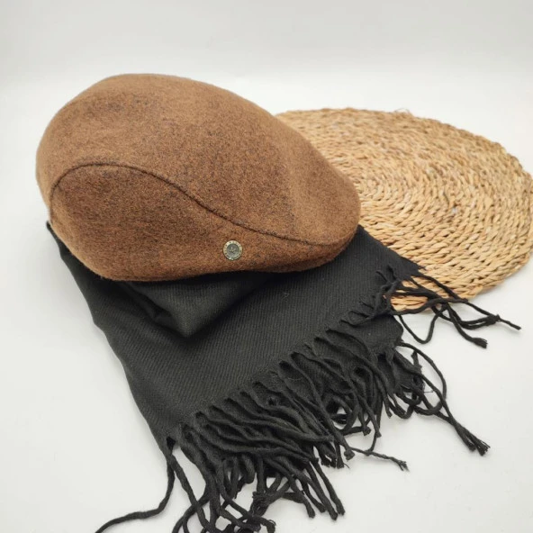 Taba Renk Klasik Kasket Ve Atkı İkili Takım - Resim 4