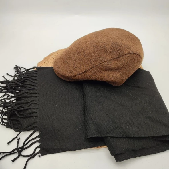 Taba Renk Klasik Kasket Ve Atkı İkili Takım - Resim 8