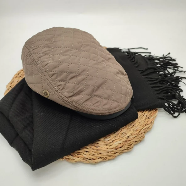 Kare Desenli Vizon Renk Kasket ve Atkı İkili Takım - 9