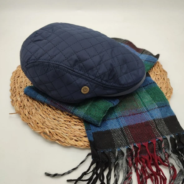 Kare Desenli Mavi Renk Kasket ve Atkı İkili Takım - 11