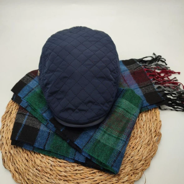 Kare Desenli Mavi Renk Kasket ve Atkı İkili Takım - 5