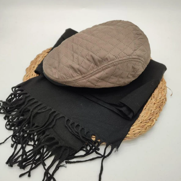 Kare Desenli Vizon Renk Kasket ve Atkı İkili Takım - 2