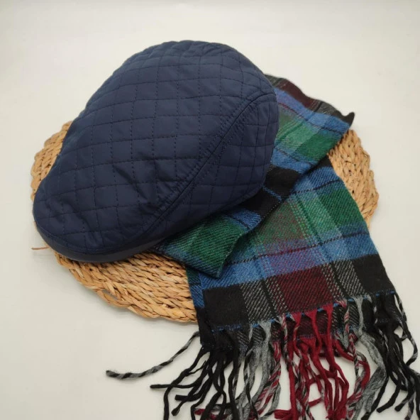 Kare Desenli Mavi Renk Kasket ve Atkı İkili Takım - 7