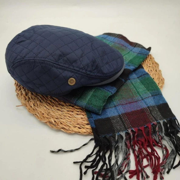 Kare Desenli Mavi Renk Kasket ve Atkı İkili Takım - 9