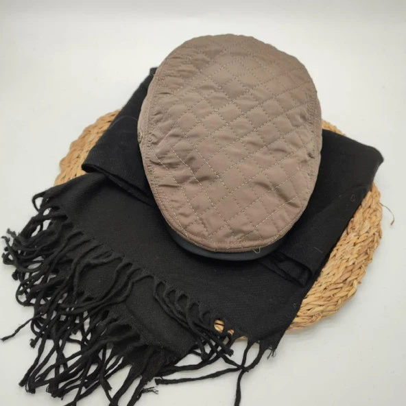 Kare Desenli Vizon Renk Kasket ve Atkı İkili Takım - 7