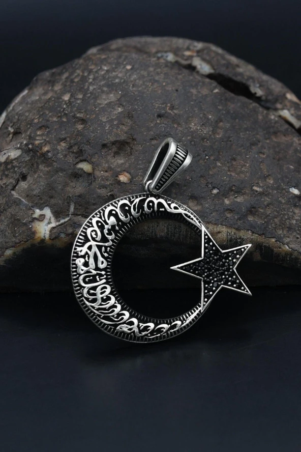 Ay Yıldızlı Kolye Ucu ( La Ilahe Illallah Muhammeden Resulullah ) Yazlı 925 Ayar Gümüş