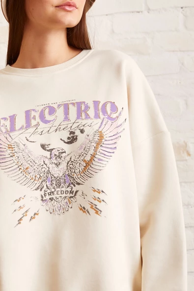 Bisiklet Yaka Baskılı Sweatshirt Krem - 5