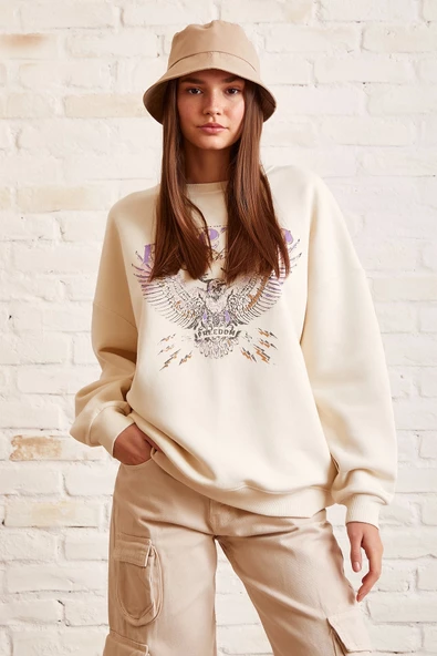 Bisiklet Yaka Baskılı Sweatshirt Krem - 2