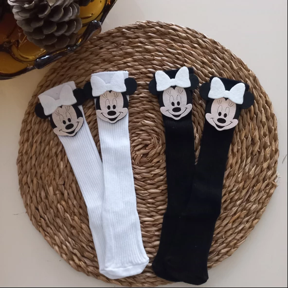 MARS BABY Kız Bebek Beyaz Siyah Mickey Minnie Mouse Keçe Figürlü Dizaltı Çorap