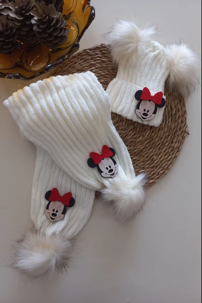 MARS BABY Kız Erkek Unisex Bebek Çocuk Krem Minnie Figürlü Ponponlu Atkı Bere Takımı