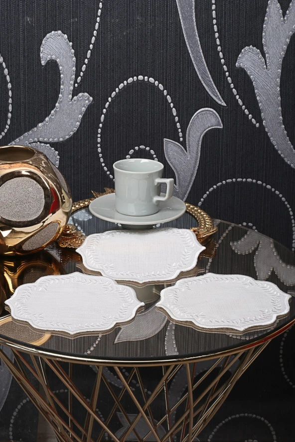 Yuvarlak Krem&Krem 6lı Linen Keten Kahve Yanı Kokteyl Sunum Parti Peçetesi Nakış Işlemeli Sunumluk