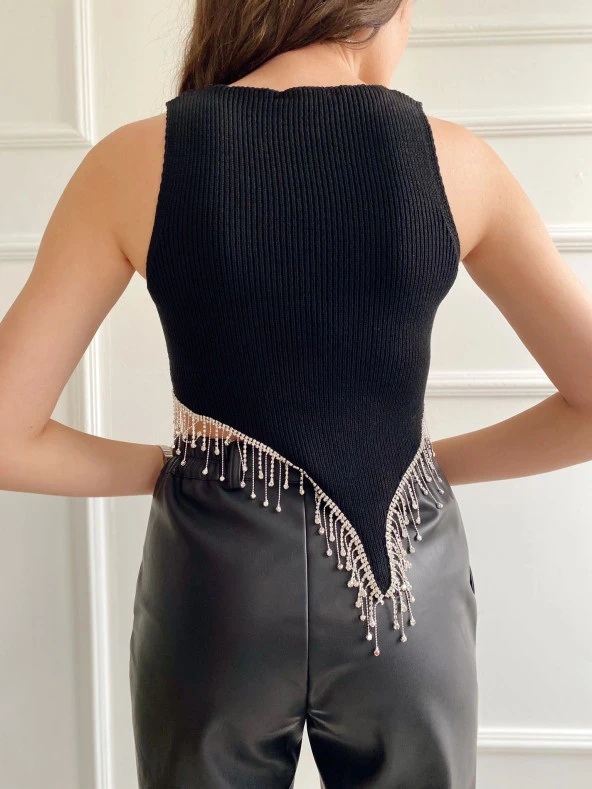 Kadın Taşlı Zincir Detaylı Triko Crop Siyah - 4