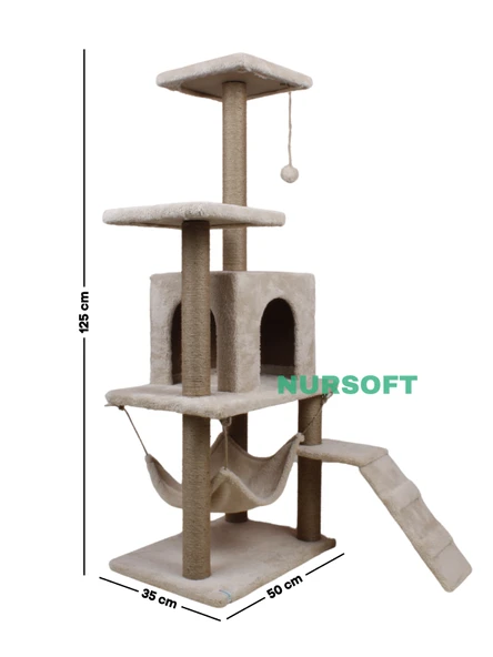 B-07 Hamaklı Yuvalı Lüx Kedi Tırmalama Oyun Evi-bej - 5