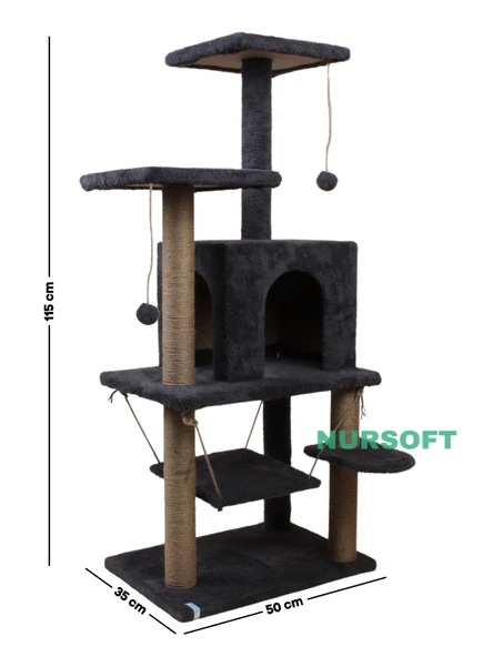 Y-01 Salıncaklı Yuvalı Lüx Kedi Tırmalama Oyun Evi-Antrasit - 5