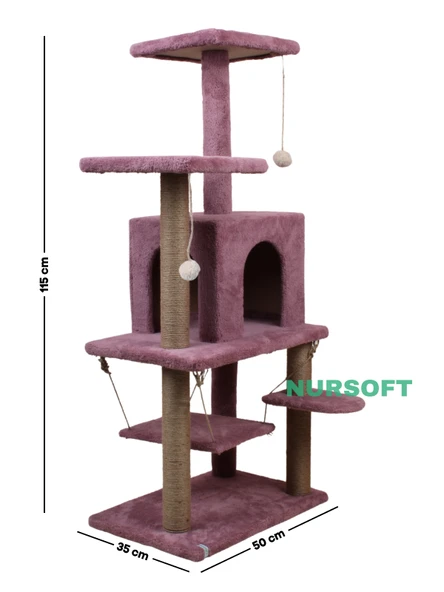 Y-01 Salıncaklı Yuvalı Lüx Kedi Tırmalama Oyun Evi-Gül Kurusu - 4