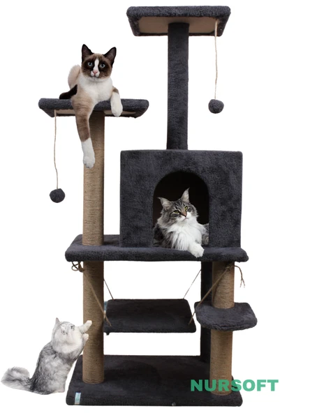 Y-01 Salıncaklı Yuvalı Lüx Kedi Tırmalama Oyun Evi-Antrasit - 2