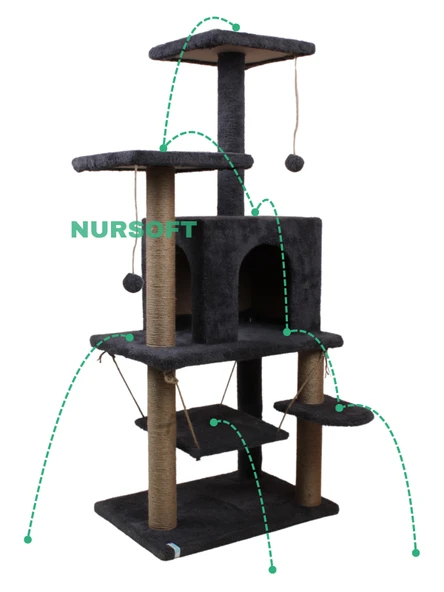 Y-01 Salıncaklı Yuvalı Lüx Kedi Tırmalama Oyun Evi-Antrasit - 4