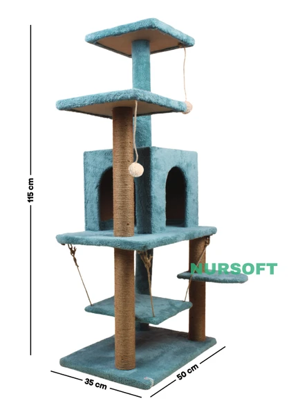Y-01  Salıncaklı  Yuvalı Lüx  Kedi Tırmalama  Oyun Evi-Turkuaz - 4