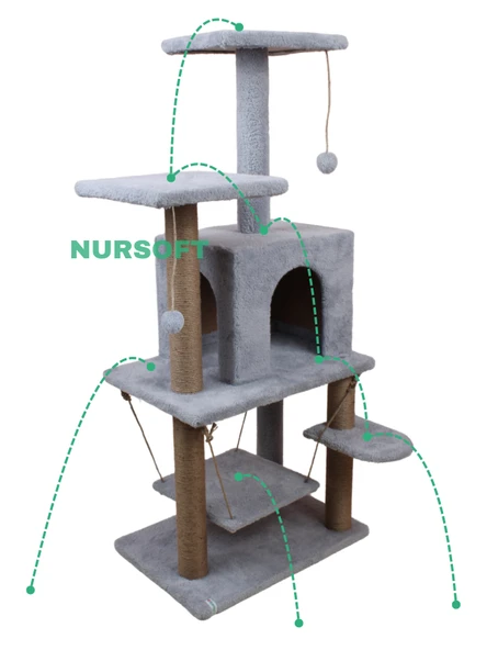 Y-01 Salıncaklı Yuvalı Lüx Kedi Tırmalama Oyun Evi-Gri - 3