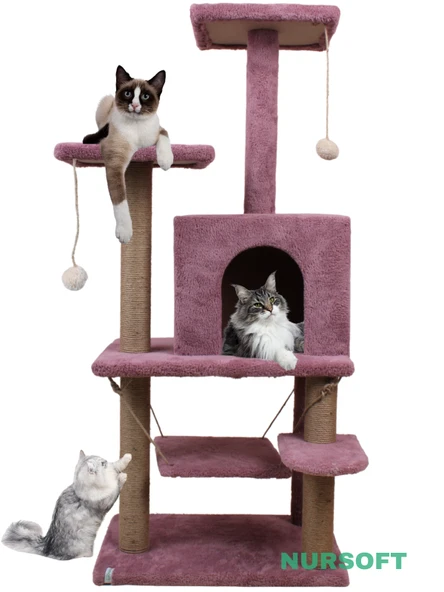 Y-01 Salıncaklı Yuvalı Lüx Kedi Tırmalama Oyun Evi-Gül Kurusu - 2