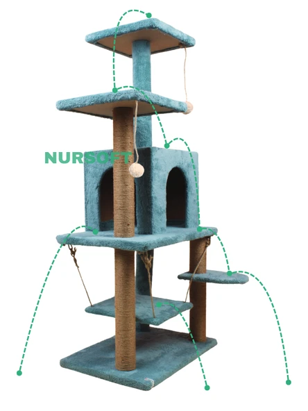Y-01  Salıncaklı  Yuvalı Lüx  Kedi Tırmalama  Oyun Evi-Turkuaz - 3