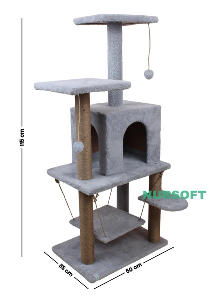 Y-01 Salıncaklı Yuvalı Lüx Kedi Tırmalama Oyun Evi-Gri - 4