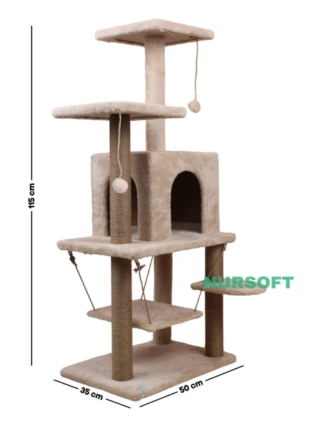 Y01  Salıncaklı  Yuvalı Lüx  Kedi Tırmalama  Oyun Evi-Bej - 4