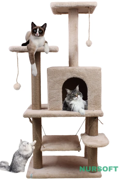 Y01  Salıncaklı  Yuvalı Lüx  Kedi Tırmalama  Oyun Evi-Bej - 2